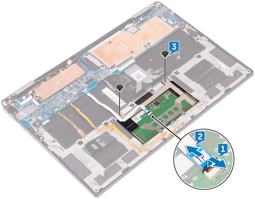 15 Ta bort pekplattan Nödvändiga förhandsåtgärder Nödvändiga förhandsåtgärder 1 Ta bort kåpan. 2 Ta bort batteriet. 1 Öppna kabelspärren på styrplattan.