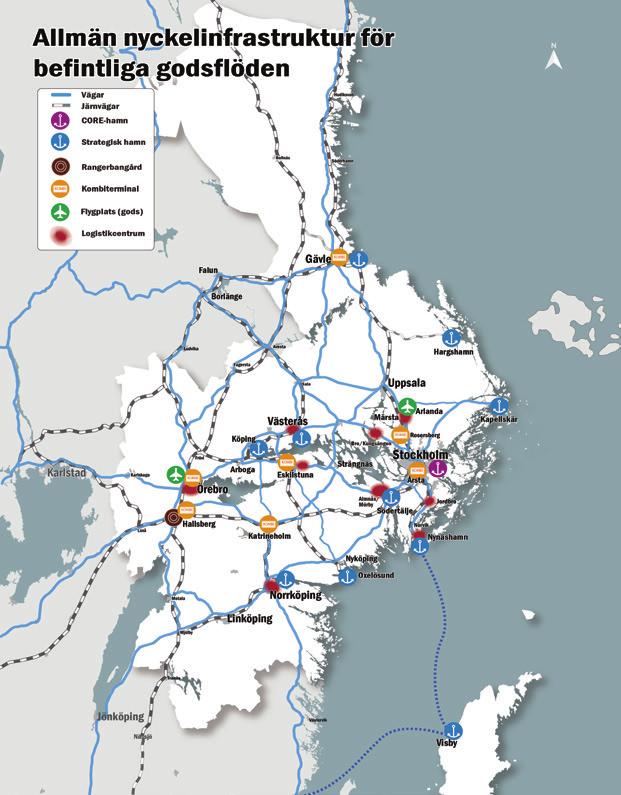 Nuläge Figur 10. Allmän nyckelinfrastruktur för befintliga godsflöden i Stockholm-Mälarregionen. Godstransporterna i Stockholm-Mälarregionen har successivt genomgått en strukturförändring.