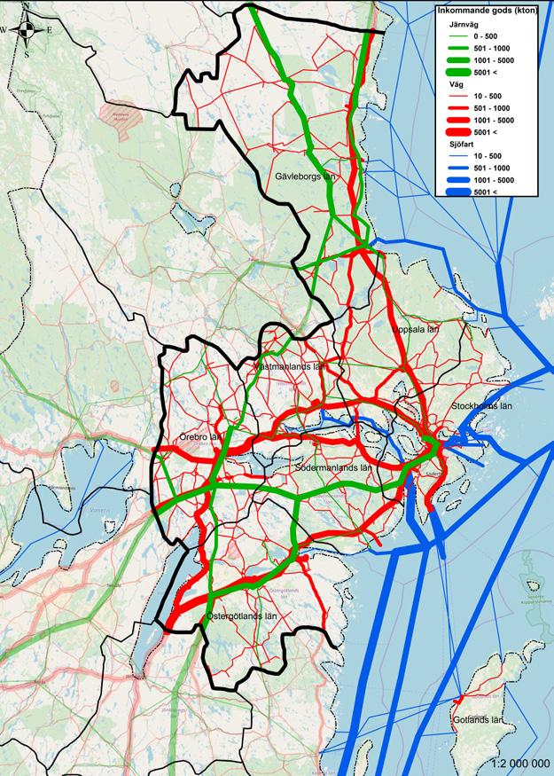 Nuläge 26 procent Utgående gods står för av regionens totala godstransporter. Figur 12. Modellbaserade godsflöden i Stockholm-Mälarregionen, inkommande transporter. Källa: Samgods, Swecos bearbetning.