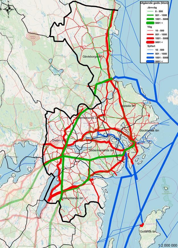 Nuläge En stor del av de utgående godsmängderna är jord, sten och byggnadsmaterial där transporter främst sker på väg eller med sjöfart, där bland annat cementtillverkningen på Gotland framträder.