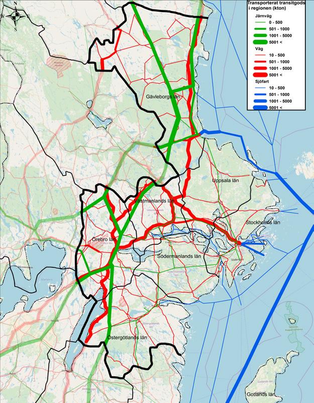 Nuläge 3.3.5 TRANSITTRAFIK Transittransporter står för den minsta andelen av Stockholm-Mälarregionens godstransporter, med 13 procent av de totala godsmängderna.