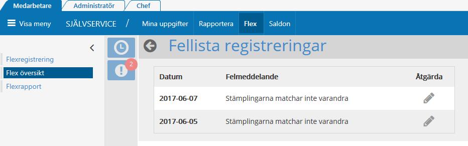 Rättning av fel Via ikon så nås bild som visar alla de felmeddelanden som finns för aktuell flexanställning. Ikonen visar även det totala antalet fel som finns och som skall åtgärdas.