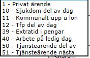 Om du ska välja en Kod finns dessa val för Tjörns Kommun 1 - Privat Ärende När du stämplar UT/IN för privata ärende och det enbart ska bli minus flex. 10 Sjuk del av dag Stämpla ut för sjukdom.