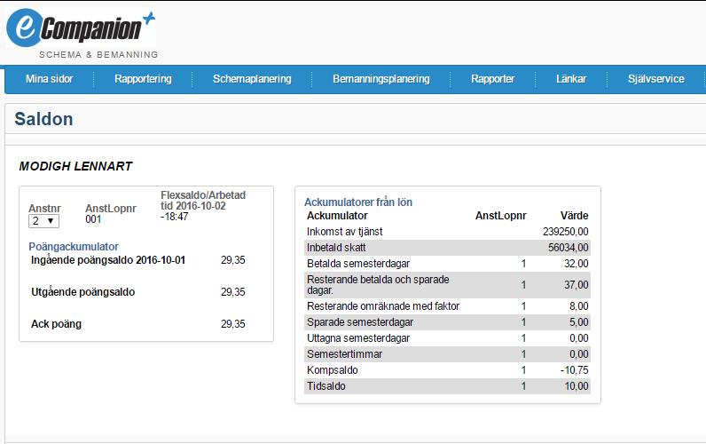 LATHUND 13(29) 4.4 Saldon Här visas timackumulator i Schema/Bemanning men även ackumulerade saldon ifrån ecompanion.