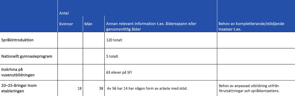 Kartläggning Unga nyanlända 16 24 år Kommunen arbetar aktivt med målgruppen genom att ta fram individuella målbilder för att slussa individen ut i antingen arbete, studier eller annan sysselsättning.