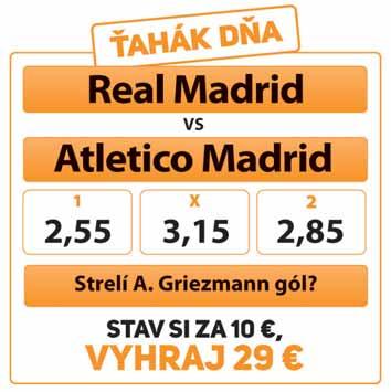 10 NIKÉ SERVIS streda 15. 8. 2018 STÁVKOVÁ PONUKA NA DNES (STREDA 15. 8. 2018) STREDA 15. 8. 2018 Ťahák dňa Futbal SUPERPONUKA UEFA Superpohár 1 X 2 1X X2 735 Real Madrid - Atletico Madrid 2.55 3.