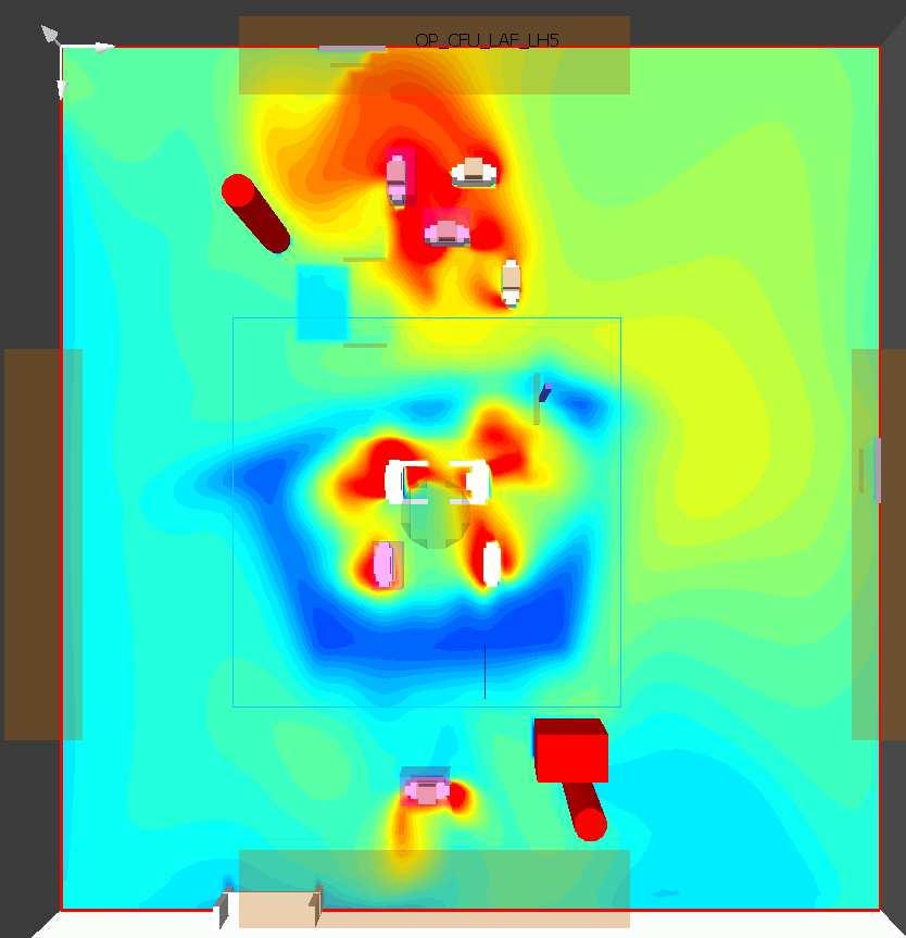 Exempel: CFD-simulering av LAF -koncentration CFU Förstoring av bild till vänster CFU/m3 0 0 cm Lokala hinder 3 persdirekt mot bord pers0 cm från