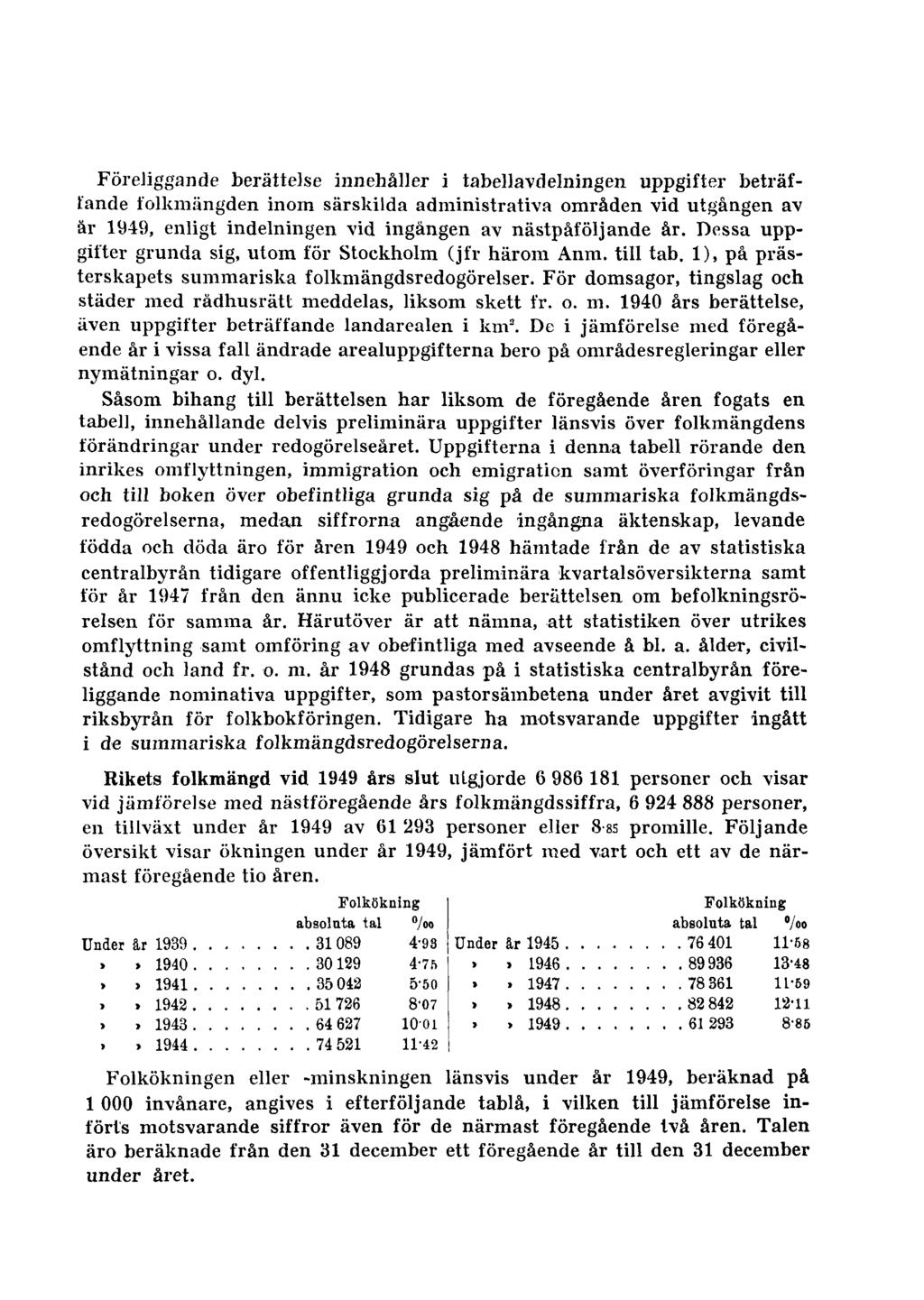 Föreliggande berättelse innehåller i tabellavdelningen uppgifter beträffande folkmängden inom särskilda administrativa områden vid utgången av är 1949, enligt indelningen vid ingången av