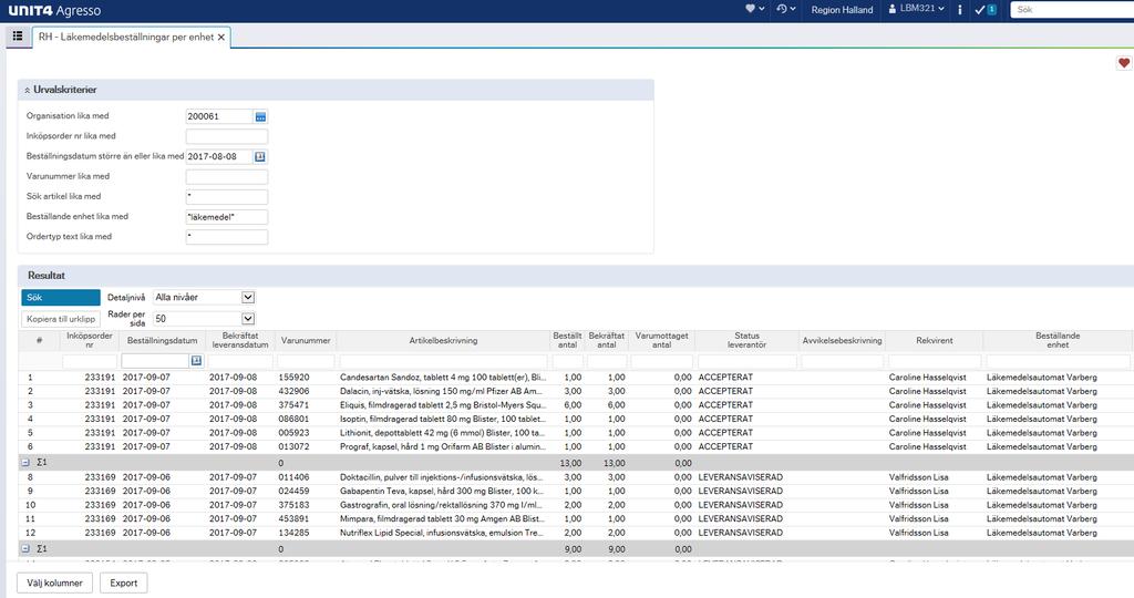 Läkemedelsbeställningar per enhet Rapporten visar vad som är beställt till din enhet och beräknat leveransdatum från Apoteket samt eventuella avvikelsebeskrivningar.