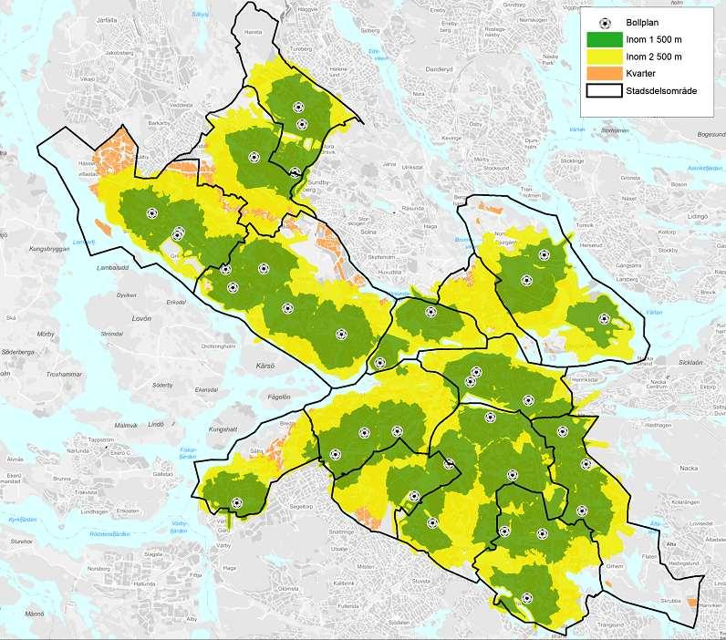 bostäder i den nya Hagastaden, där närheten inom Stockholms stads gränser är sämre redan idag. I delar av Bredäng och Sätra är närheten till 11-manna konstgräsplaner sämre.