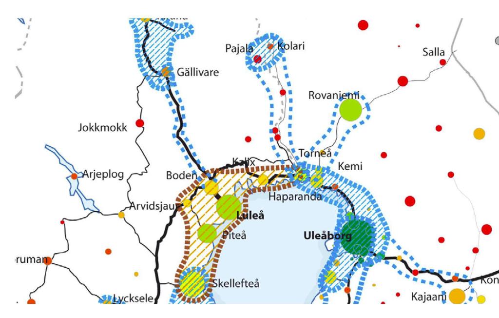 Kapitel 4 Norrbottens förutsättningar för kollektivtrafik Nuläge och behovsanalys Figur 9 nedan visar vision för arbetspendlingstråk i Norrbotten, år 2025.