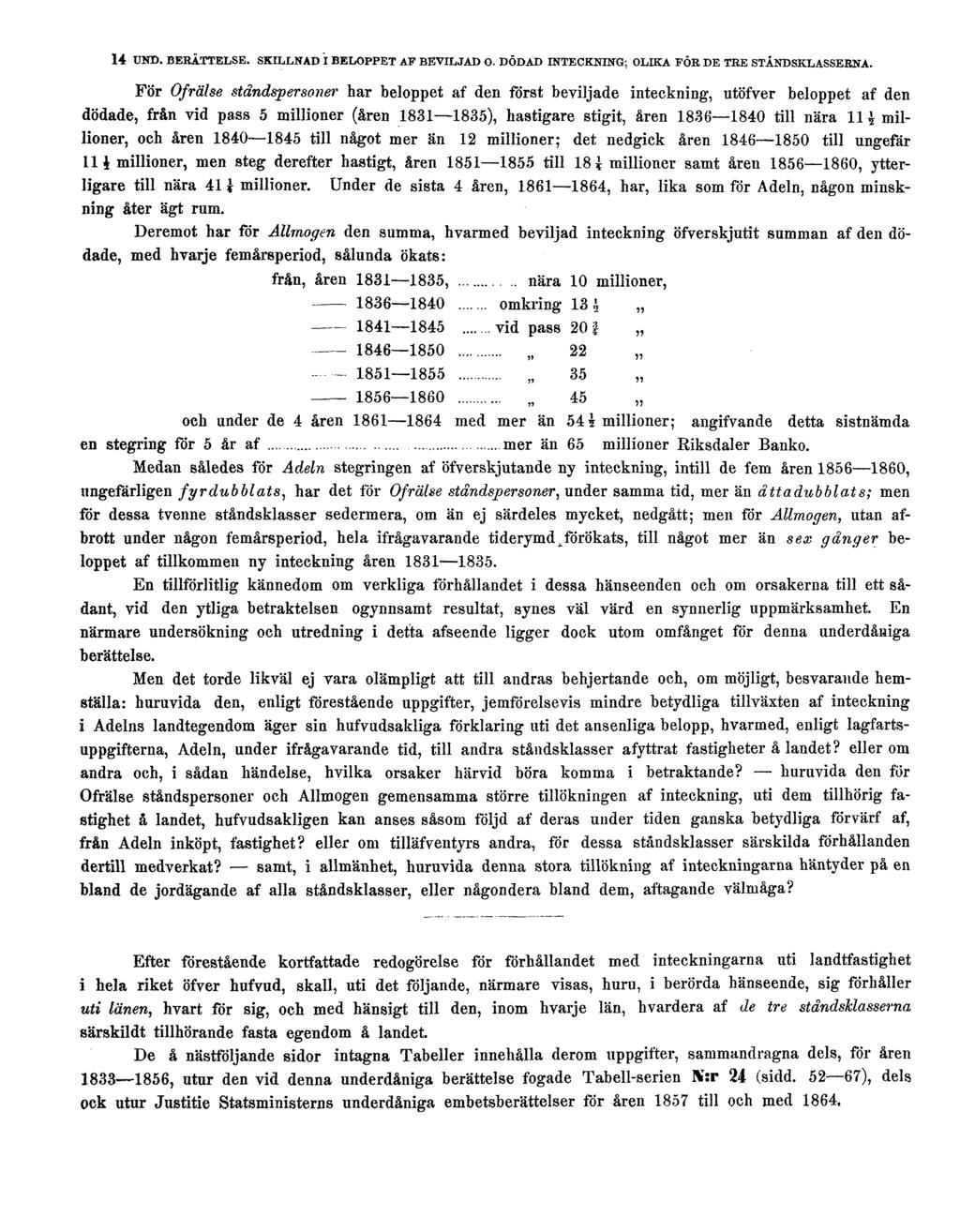 14 UND. BERÄTTELSE. SKILLNAD I BELOPPET AF BEVILJAD O. DÖDAD INTECKNING; OLIKA FÖR DE TRE STÅNDSKLASSERNA.