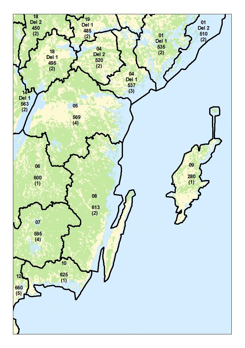 Län: Östergötland (05), Kalmar (08), Gotland (09). Skogsmark kr/m 3 sk.
