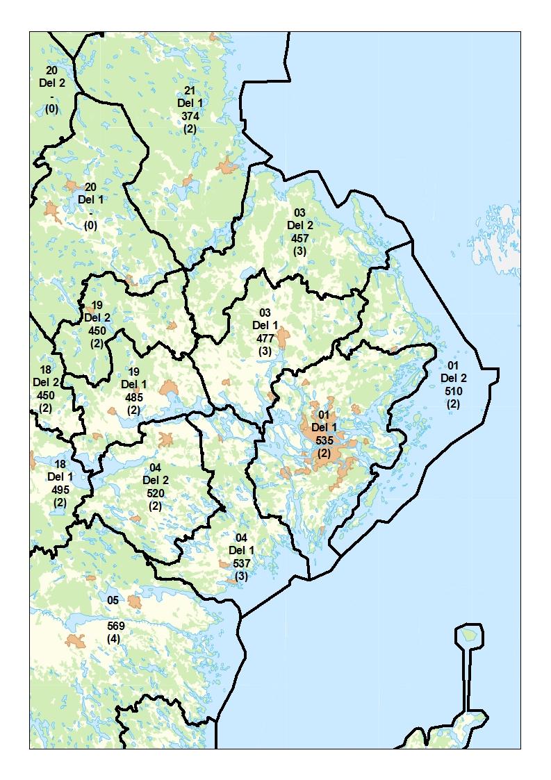 Län: Stockholm (01), Uppsala (03), Södermanland (04), Västmanland (19). Skogsmark kr/m 3 sk.