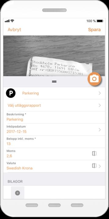 Kvittot analyseras och utläggskategori, belopp, moms, datum och valuta föreslås automatiskt.