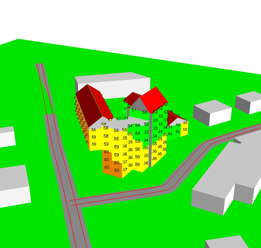 2 Trafikmängd 2015 Vy nordväst med planerade bostäder Frifältsvärde fasad LAeq i db Levels LAeq 24h < 50 50-55 55-60 60-65 >= 65