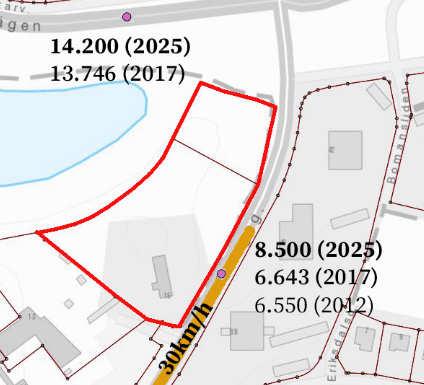 fasadreflexer i nya hus + uppskattad trafikökning med ca 750 fordon per dygn) Till höger i bild: befintliga