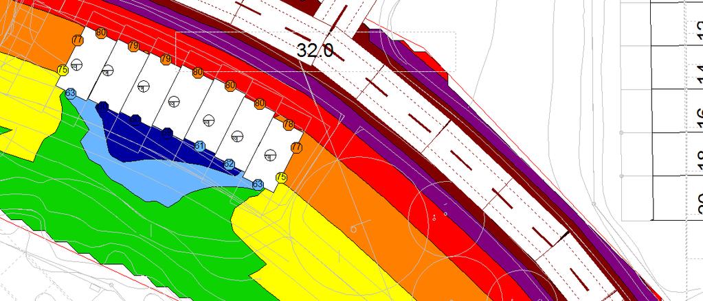 8.2 Maximala ljudnivåer Maximala ljudnivåer är som högst vid entreplan och mellanvåningen och beräknas uppgå till värden vid fasad enligt nedan, se figur 7. Figur 7.