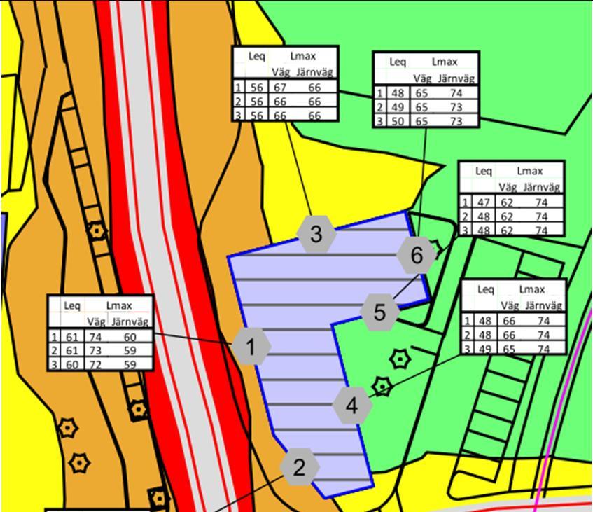 Bilaga 6 Bullerzonskarta med maximal ljudnivå 1,5 meter ovan mark och fasad nivåer, beräknade för vägtrafikbuller kl.06-22.