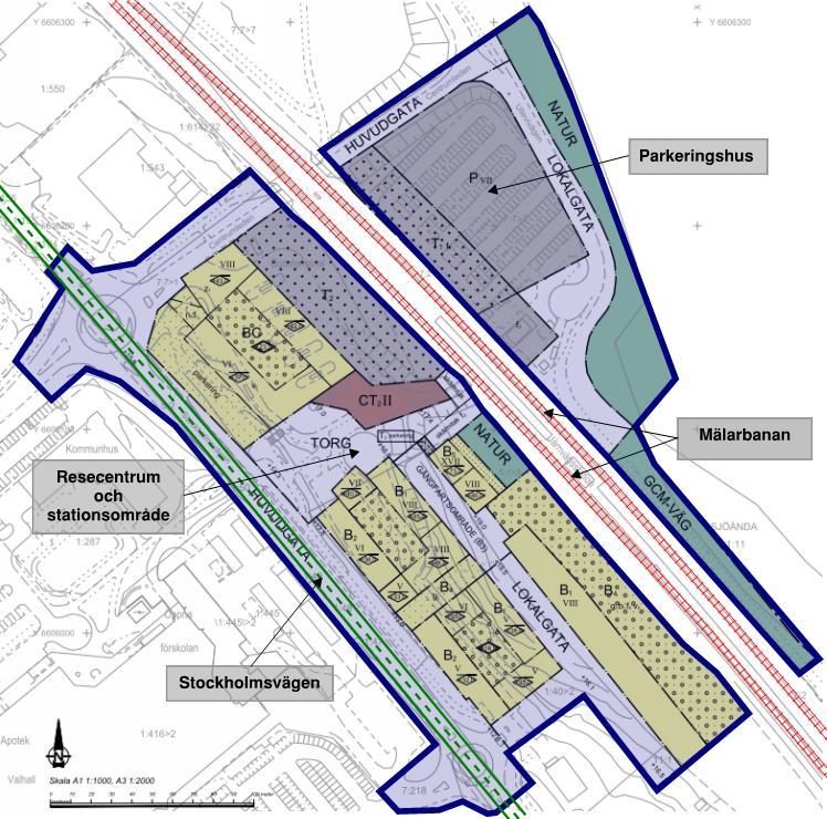 2.2 Resecentrum och stationsområde (Etapp 1) I Figur 2 nedan syns en mer detaljerad bild av det aktuella ca 6,2 hektar (0,062 km 2 ) stora planområdet.