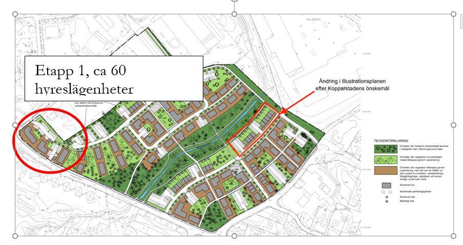 Etapp 2, med ca 70 lägenheter blir på den sydöstra sidan om bäcken. Beräknad byggstart 2020 med inflytt fördelad under 2021och 2022.