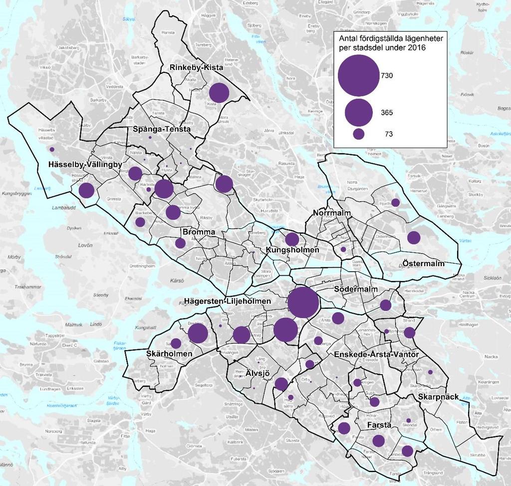 Kartan nedan visar var de färdigställda bostäderna i nyproduktion har tillkommit (per stadsdel) och cirkelns storlek representerar antalet bostäder.