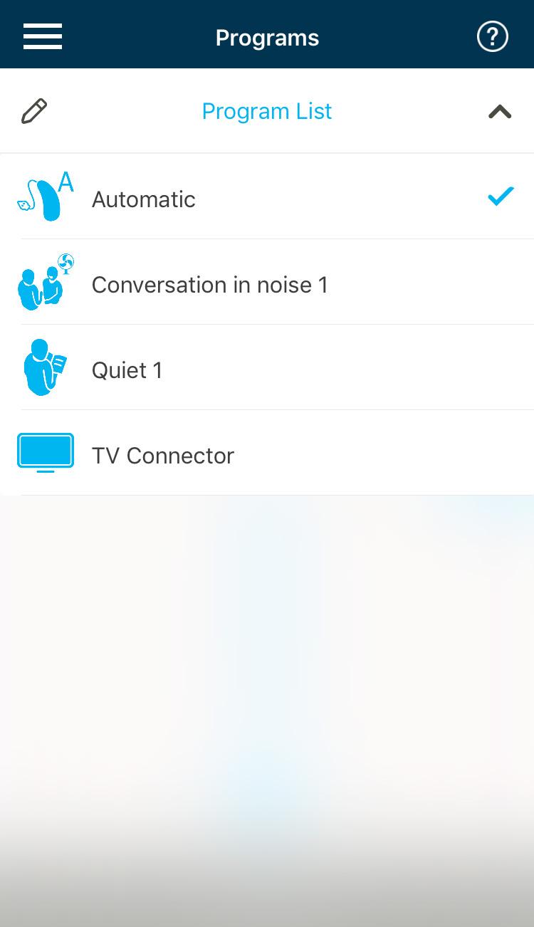 Ändra program på hörapparat(er) Välja ett annat program Tryck på pilen bredvid aktuellt programnamn för att se