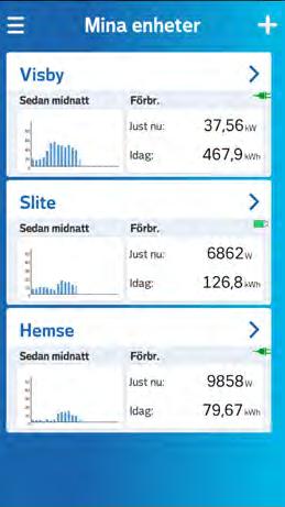 Appens stående vyer Huvudmenyn når du genom att klicka på menyn högst upp till vänster i appen. Läs mer om huvudmenyn på sidan 13. Här ser du samtliga dina anslutna enheter/anläggningar.