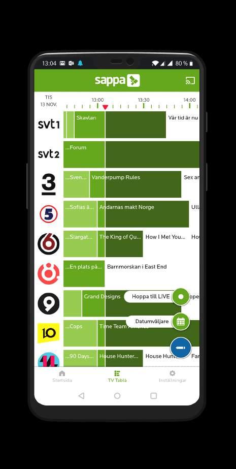 Ljusgrön: Föregående program Mörkgrön: Pågående program Dina kanaler Streckat: Kommande program Gå till Datumväljare eller Hoppa till LIVE TV-tablå Inne på TV-tablån möts du av tidslinjen.