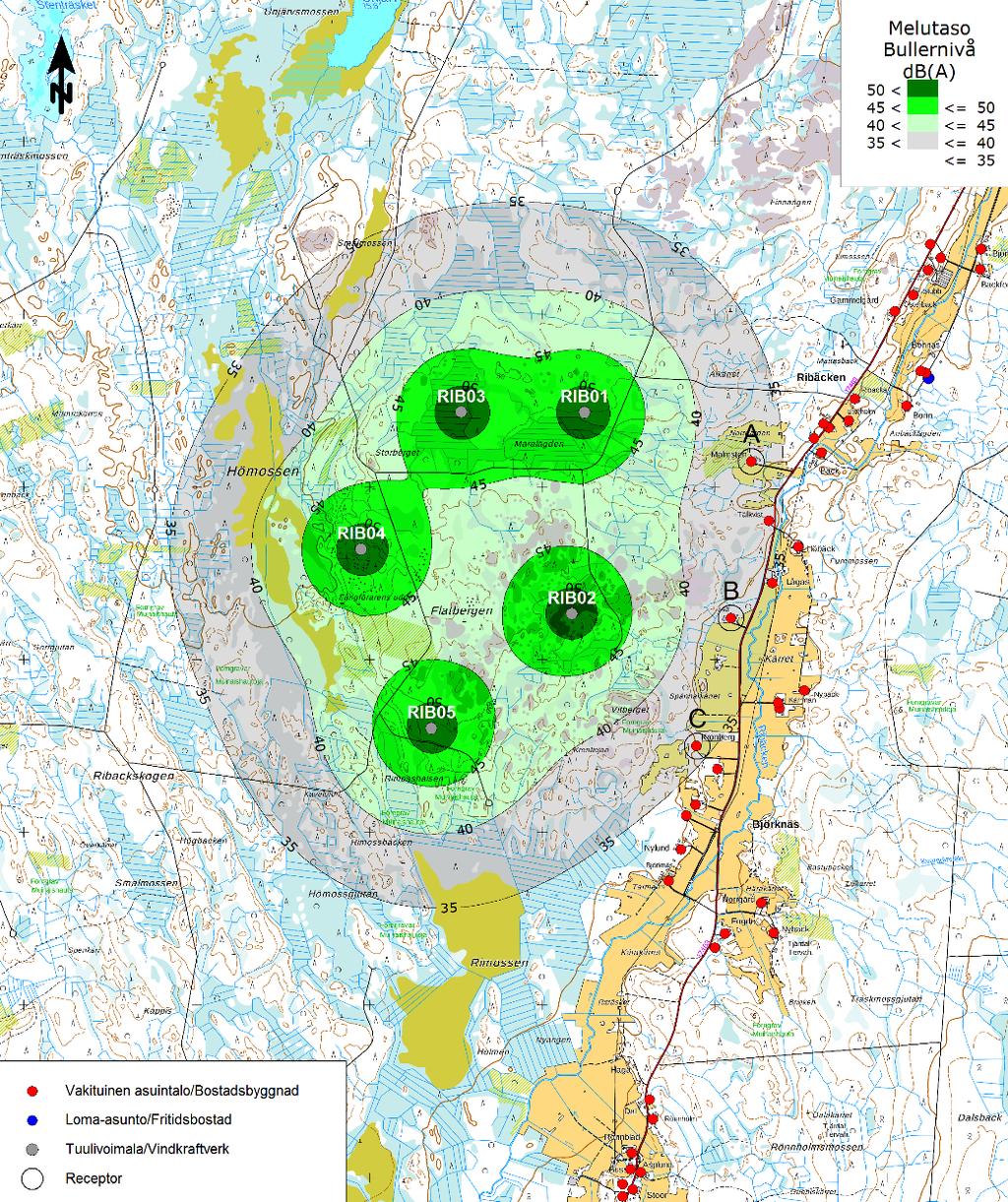 PLANBESKRIVNING - RIBÄCKENS VINDKRAFTSPARK Bild 8. Bullersimuleringen påvisar att inga bostäder är innanför gränsen 40 db Ramboll Finland Oy.