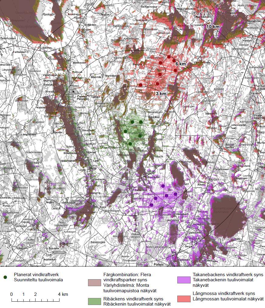 Synlighet: Bild 21. Synlighetsanalys med närliggande vindkraftsparker. Färg anger projektområde. Summering: Likt fotomontagen och bulleranalysen påvisar så är de kumulativa effekterna småskaliga.