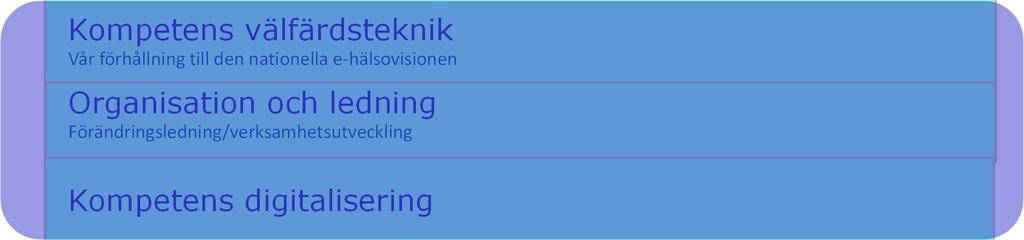 Digitalisering Införa tjänster och produkter Projektmodell/ Implementeringsmodell Inköp/upphandling Kompetens välfärdsteknik Vår förhållning till den nationella e hälsovisionen