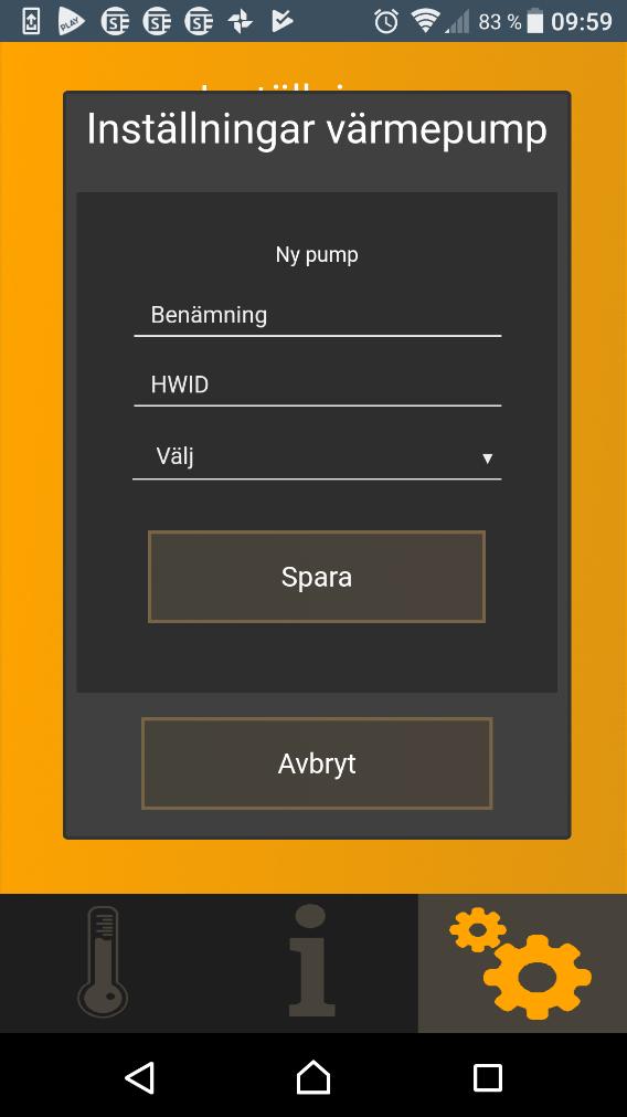 denna symbol: 2. Tryck på knappen Värmepump. 3. Välj Lägg till ny.. 4.