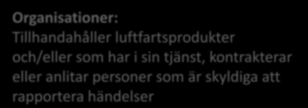 och< KOM Ska finnas hos EASA organisationer 72 h och Organisationer: Krav på organisationer: myndighet Tillhandahåller