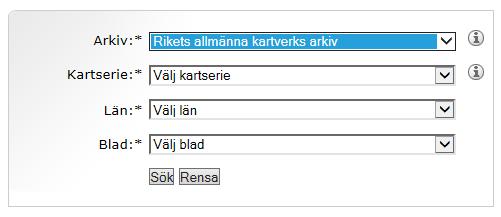 Handledning ArkivSök 10 av 21 Välj i dropplisten Kartserie Län Blad Klicka på Sök. Rensa används för att ta bort valda sökkriterier. Tidigare sökningar. Varje sökning sparas automatiskt.