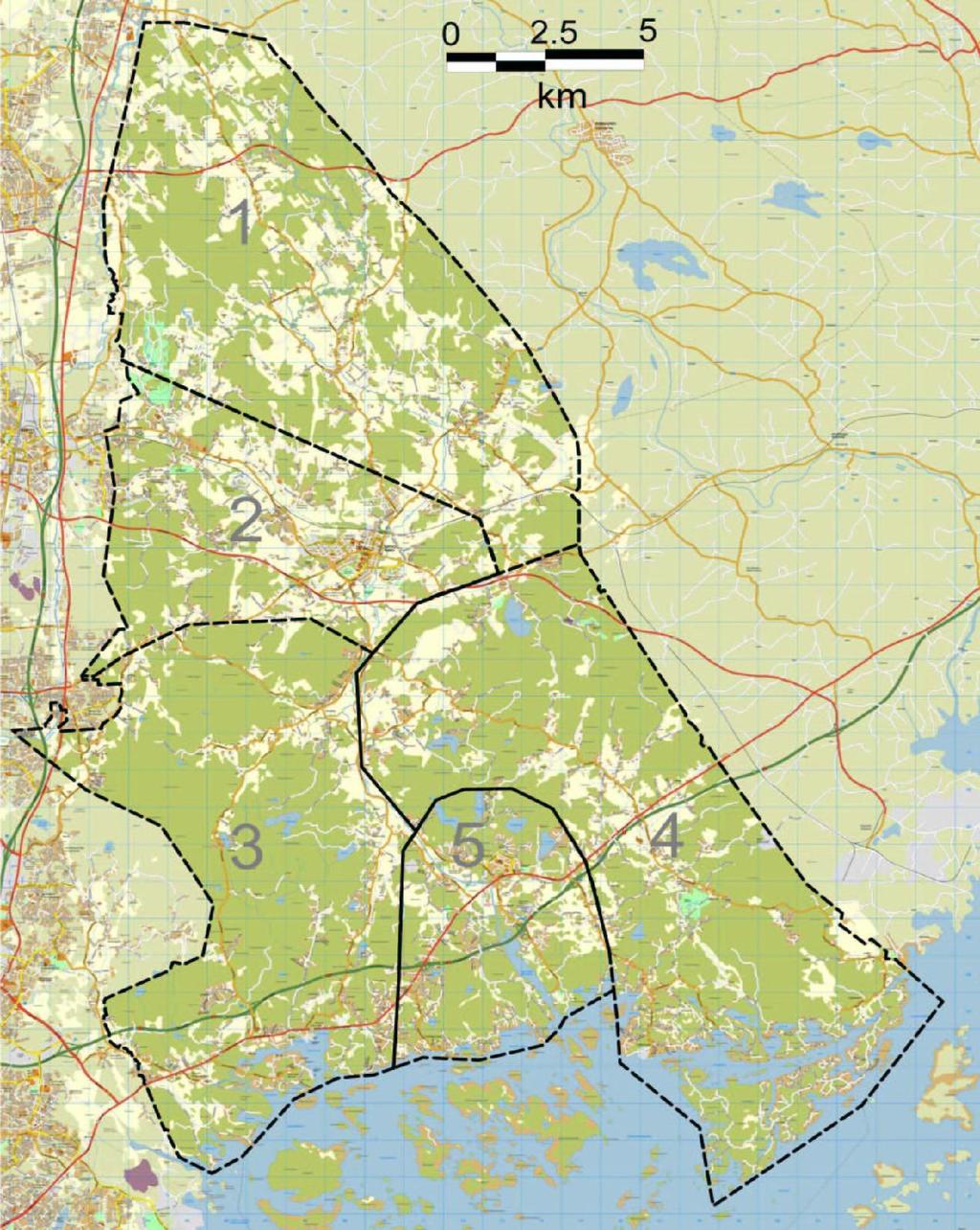 Bild 15. Generalplan för Sibbo 225. Indelning i storområden. Centrala planeringsprinciper i generalplaneringsarbetet: 1.