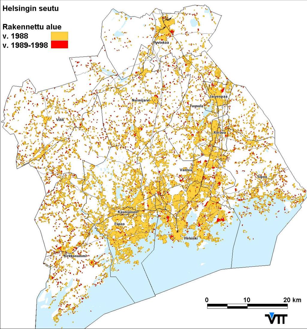 Bild 31 visar hur det byggda området utvecklats i Helsingforsregionen.