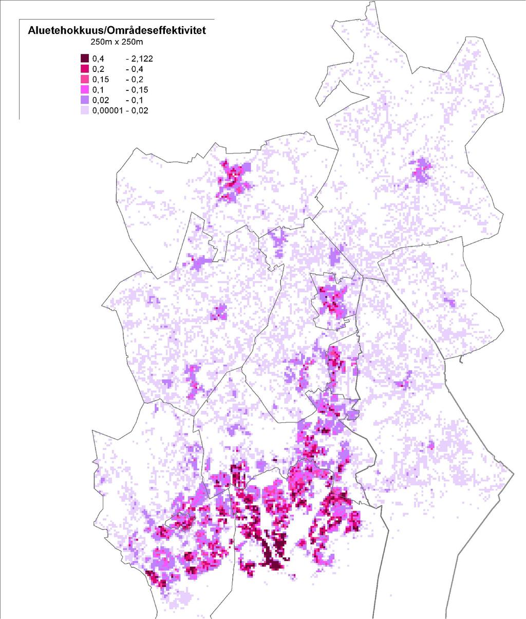 Bild 32 visar den förverkligade områdeseffektiviteten för Helsingforsregionen under år 2 som rutor á 25 x 25 meter.