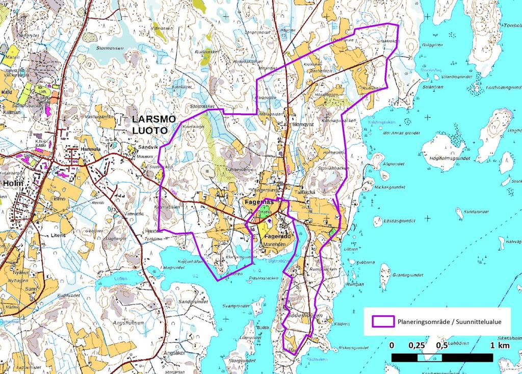 FCG SUUNNITTELU JA TEKNIIKKA OY PLANBESKRIVNING 2 (32) 1.2 Planeringsområde Planeringsområdet omfattar Fagernäs by öster om Larsmo kommuncentrum och uppgår till ca 328 ha.