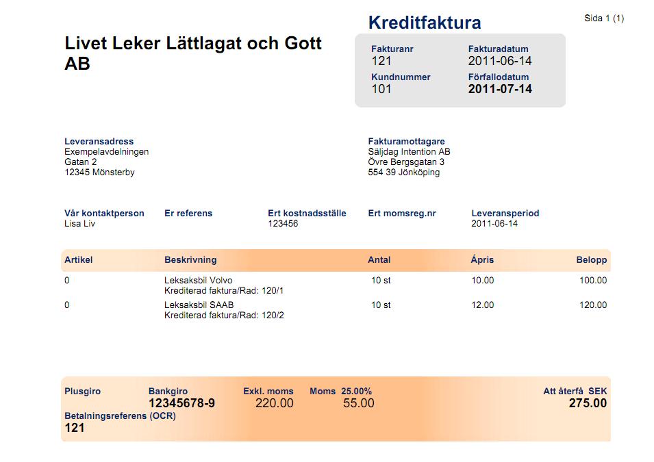 Senast Uppdaterad: 11-06-14 Exder Säljdag eprinter Sida 19 av 20 Er kreditfaktura kan då se ut enligt ovan. 3.