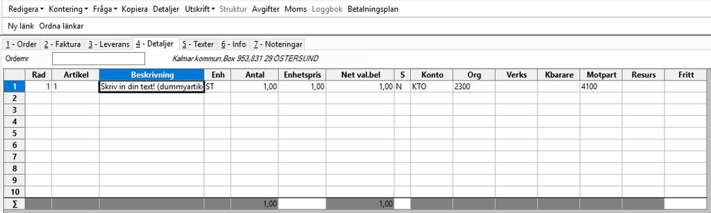 Under fliken detaljer ska du ange vad som ska faktureras samt kontering för intäkten. Börja med att skriva in artikel. Ange artikel 1 här om du har en tillfällig vara eller tjänst som ska faktureras.