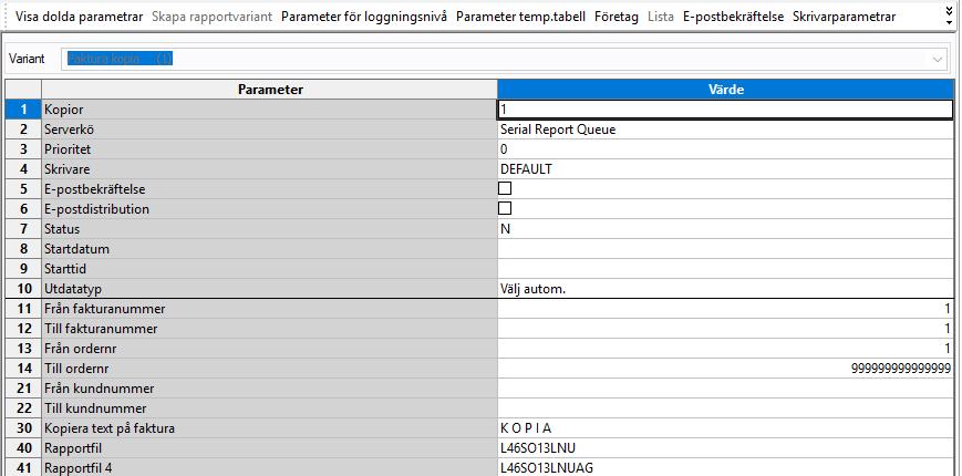 Du anger från och till fakturanummer och sparar rapportbeställningen med F12. Det går även att ange från och till ordernummer.