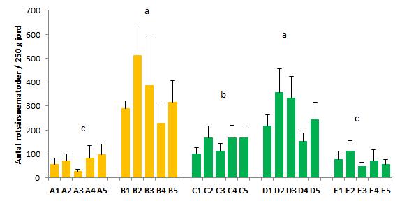 Fig 1. Medelantalet rotsårsnematoder i de fem olika odlingssystemen (A-E) 2012-2016. Konventionella odlingssystem har gula staplar och ekologiska gröna.