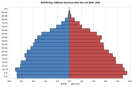 Befolkningspyramiderna nedan ger en bild av åldersstrukturen i Gällivare kommun i förhållande till riket. Pyramiden ger också en fingervisning om den framtida befolkningsutvecklingen.