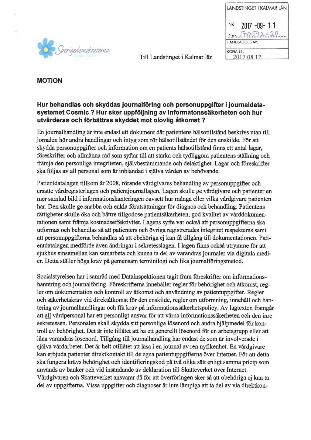 LANDSTINGET I KALMAR län \NK 2017-09- 11: D. nr [tq. fi.'j. ~.:: ;/J1_.