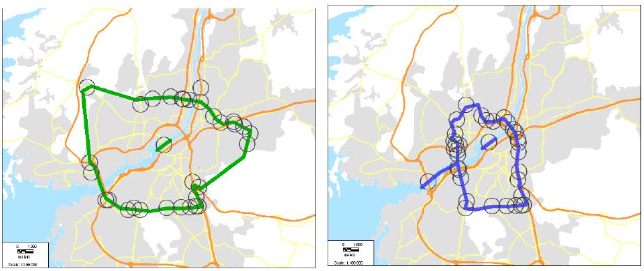 Två alternativa avgiftszoner Utredningen visar på två alternativ, kallade Blå och Grön. Utsträckningen framgår av bilden nedan. De runda ringarna visar var betalstationerna placeras.