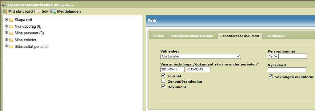 RUTIN Sid: 12 (26) 7. Att söka ett uppdrag i Treserva Journal och Dokument Välj endast att söka på den enhet Du arbetar på den aktuella dagen.