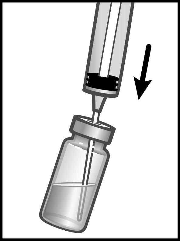 Bild 6 Tillsätt all vätska till injektionsflaskan innehållande pulver (se bild 7). Bild 7 Ta bort sprutan och nålen från injektionsflaskan.