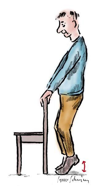 10 KNÄ OCH TÅ Veckans rörelse REDSKAP: Stol eller bord Stå bakom stolen bredbent och rak i ryggen. Gå ner på huk genom att böja knäna och stig sedan upp på tå. Räta på dig med god hållning.