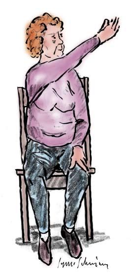 18 SIKTA MOT MOLNEN Veckans rörelse REDSKAP: Stol och bord (i den lättare varianten) Börja din motionsstund med att gå raskt på stället stående Sitt på en stol med händerna i famnen.